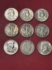 US 90% Silver Half Dollar Coin Lot  of 9- Franklin, Walking L, Barber, Kennedy