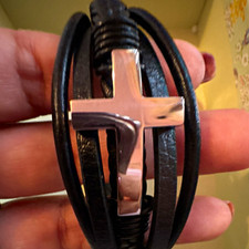 Black Leather Braided Wrap Cuff Bracelet Stainless Steel Cross Magnetic Clasp