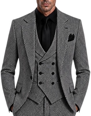 Fc Plus Designer 3-Piece Suit Men Slim Fit Black Gray Plaid, Size 52