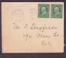 1903 cover 1c Franklin pair Newark NJ to Mr D Longfelder 294 Plane St in-city