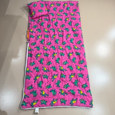 Vintage 80s 90s Pink Green Frog Sleeping Bag & Pillow Catfish