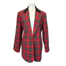 VTG Sag Harbor 14 Wool Tartan Red Blazer Velvet Collar Christmas Holiday Plaid