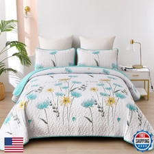 Dinjoy Floral Quilt Set Twin Size Aqua Blue 2 Piece Bedding Soft Farmhouse Light