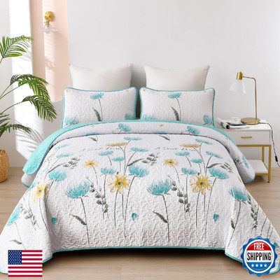 Dinjoy Floral Quilt Set Twin Size Aqua Blue 2 Piece Bedding Soft Farmhouse Light
