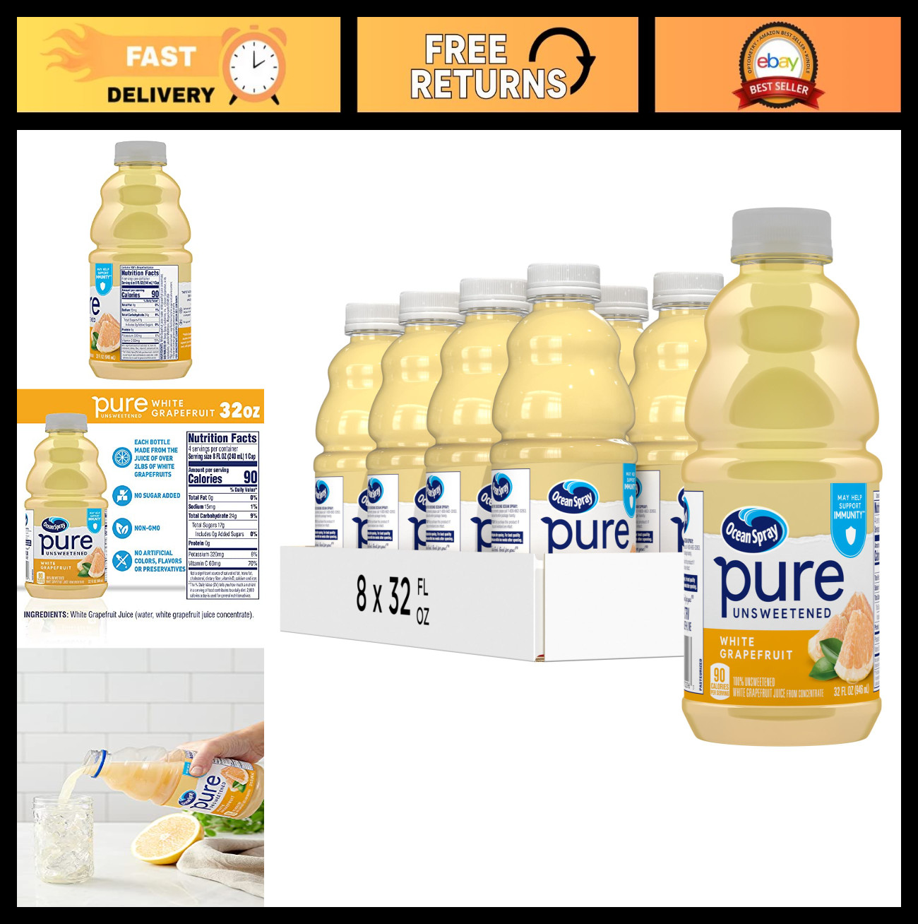 Jugo de pomelo blanco 100 % puro sin azúcar, botella de 32 fl oz, paquete de 8
