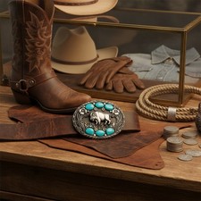 Men Western Belt Buckle Silver Metal Cowboy Bison Buffalo Ox Turquoise Blue Bead