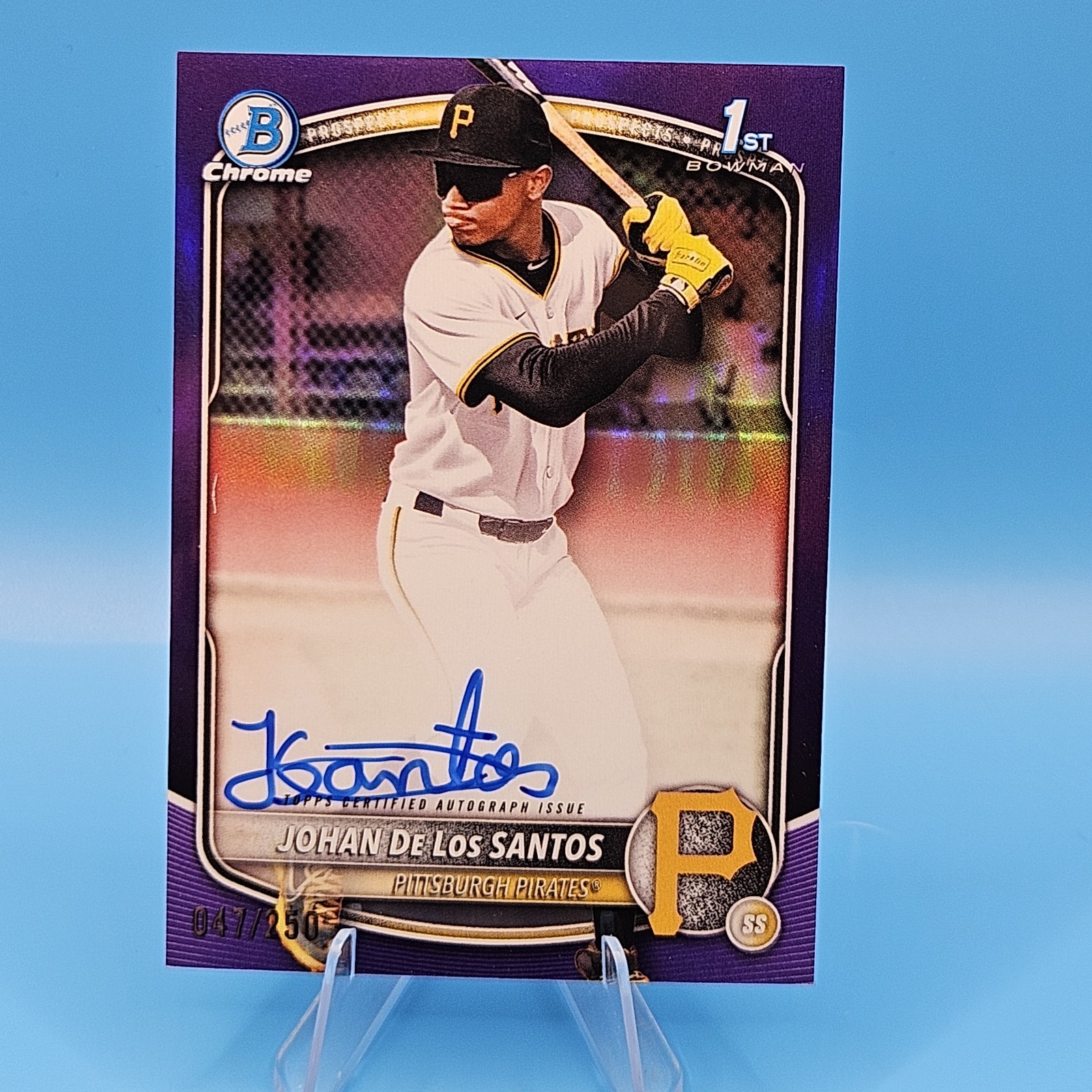 2025 Bowman Chrome 1st Purple Johan De Los Santos Auto 47/250 Pittsburgh Pirates