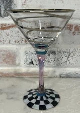 Mackenzie Childs Whirligig Martini Glass Silver Striped Checker Pattern