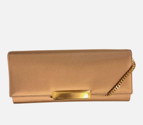 Tom Ford Women's Beige Bar Slim Flap Satin Shoulder Chain Clutch Purse Bag