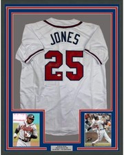 FRAMED Autographed/Signed ANDRUW JONES 33x42 Atlanta White Jersey JSA COA Auto