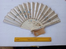 Victorian Ladies Folding Hand Fan Painted Satin Carved Bone Guard Sticks c.1880s