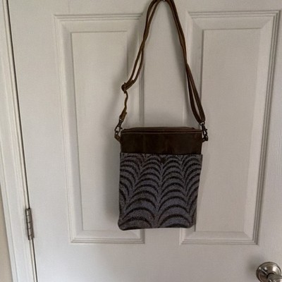 Myra Geometric Pattern Brown & Gray Shoulder Bag Adjustable Strap Outer Pockets