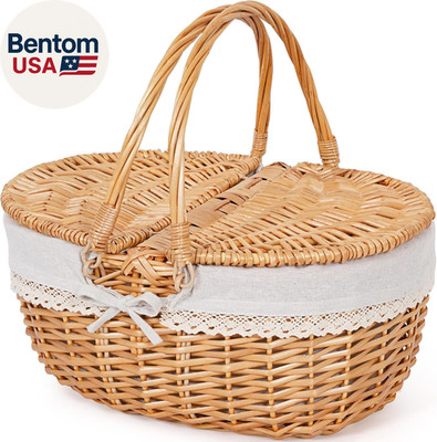 Wicker Picnic Basket with Handle, 15'' Large Empty Picnic Basket with Lid & Remov