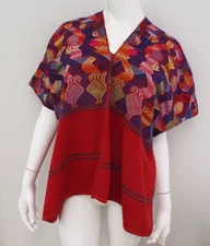 Vintage RED Guatemalan Huipil Tunic Top Poncho Shirt Embroidered Birds Purple