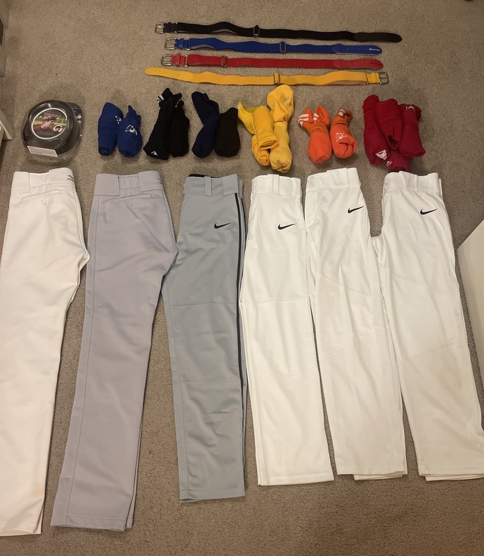 Youth Baseball Pants, Socks, Belts, And Cap Liner Bundle.  M, L, XL