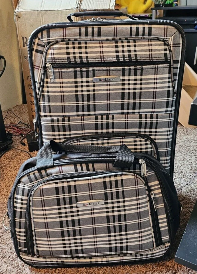 Rockland 2 件套可扩展软边行李箱套装随身携带托特包黑色格子 — 第 3/4 张图片