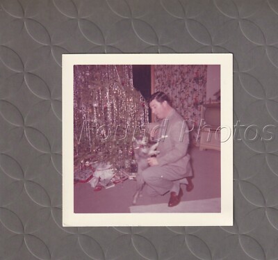 FOUND Original COLOR Photograph Man Posed with Dog By Christmas Tree C-1986