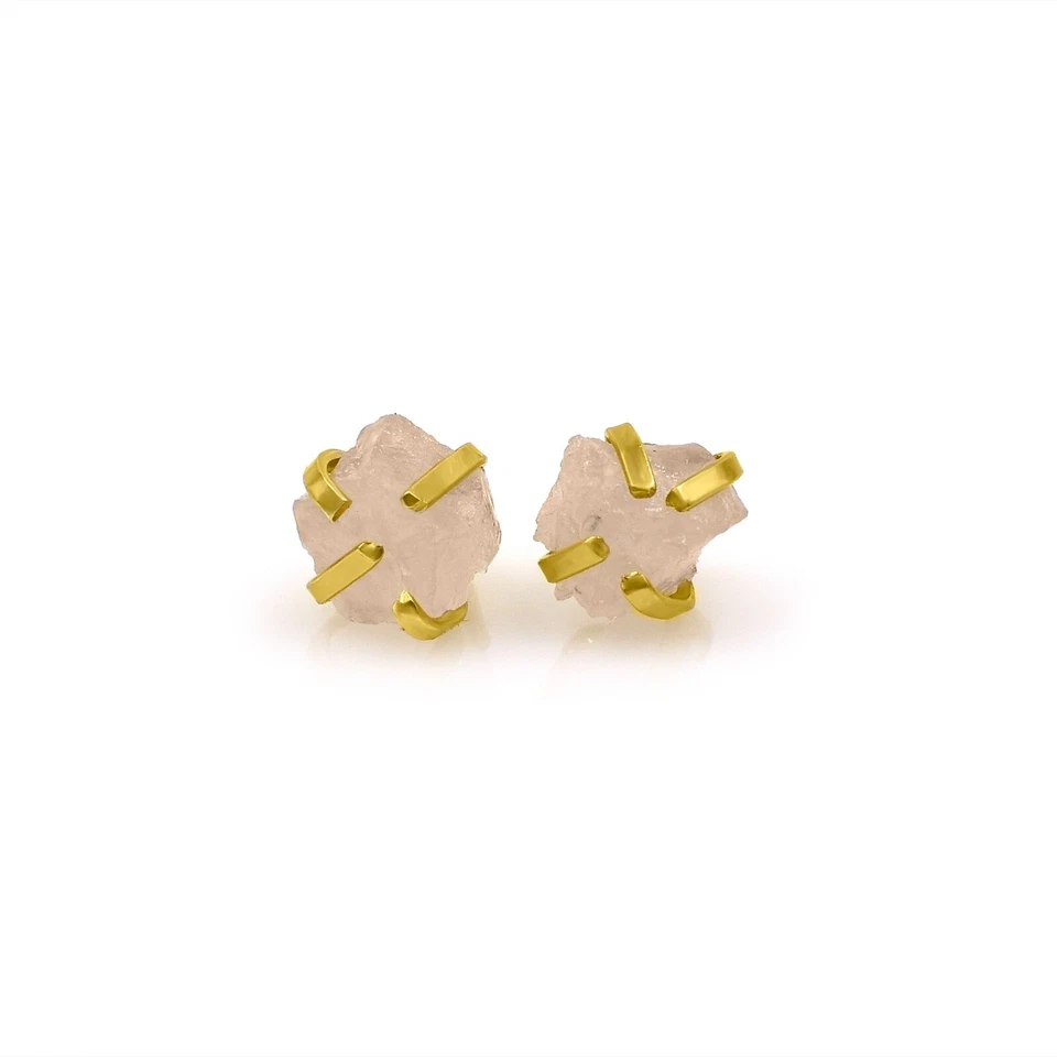 Natural Raw Rose Quartz Gemstone Studs Handmade 18K Gold Plated Brass Earrings - Image 2 of 4