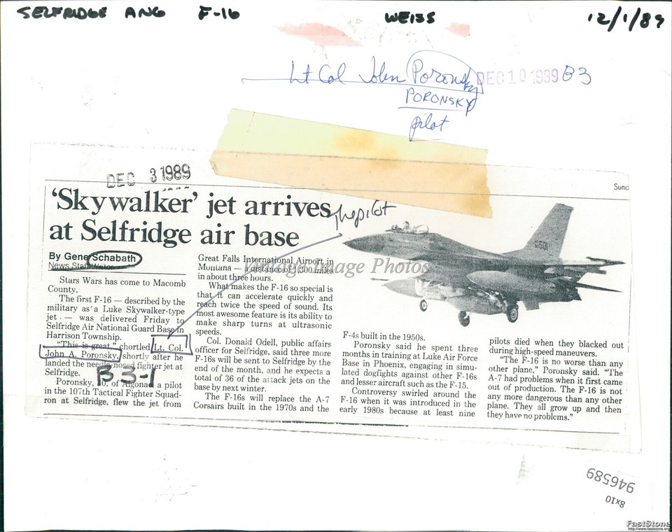 1989 Lt Col John Poronsky Pilot F16 Selfridge National Guard Base