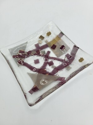 Signed Dodgen / Dodger Fused Art Glass Trinket Dish Abstract Square Inclusions 