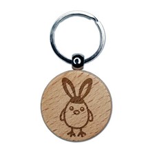 Easter Chick with Bunny Ears Engraved Wood Round Keychain Tag Charm