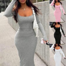 Women Long Sleeve Casual Maxi Dresses Solid U Neck Prom Party Club Bodycon Dress