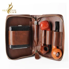 OLD FOX Genuine Leather Pipe Tobacco Pouch Bag For 2 Pipes Cleaners Lighter