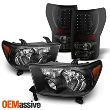 For 2007-2013 Toyota Tundra Black Headlights + Blk LED Tail Brake Lights Pair