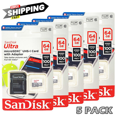 SanDisk Ultra MicroSD 64GB UHS-I Class 10 Card W/Adapter 100Mb/s Lot of 5 Pack