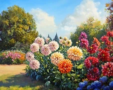 Garden with blooming dahlias oil painting 8x10 Print