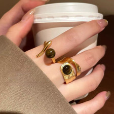 Stackable Adjustable For TIGER Eye Stone Ring Women Vintage Minimalist Design