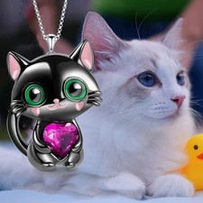 Cute Black Cat Necklace with Heart Gem   Cartoon Cat Jewelry Gift for Girls