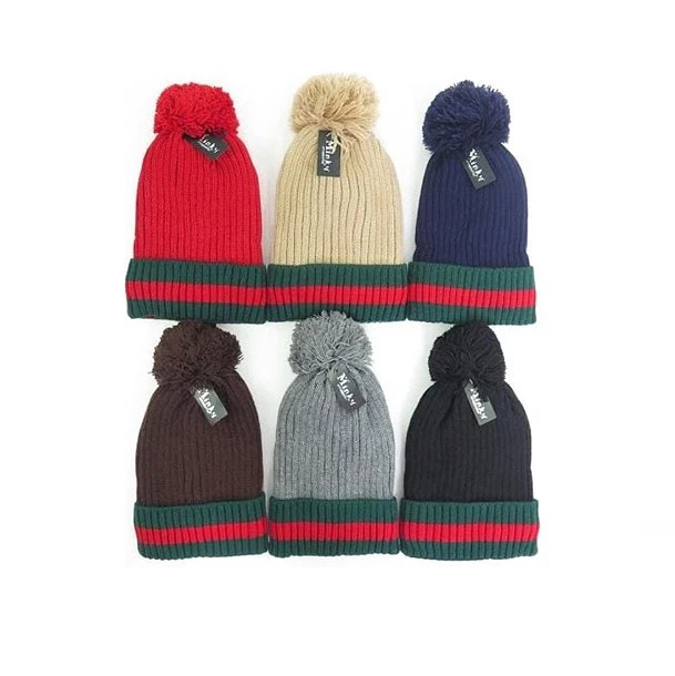 12 Pack  Winter Knit Two Tone Cuffed Warm Hat Sport Pom Ski Beanie Cap - Image 3 of 4