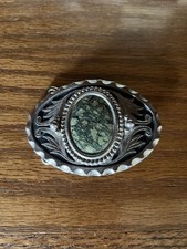 Western Green Vein Stone Inlay Belt Buckle Engraved Silver Tone Oval