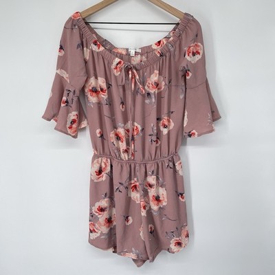 Babydoll Romper Pink Floral Large Off The Shoulder Bell Sleeve Bardot Neckline