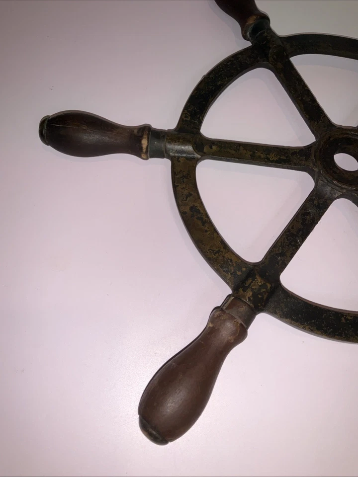 Antique Solid Brass Ship Wheel – Wood Handles – Nautical Maritime Decor 15” - Image 4 of 4