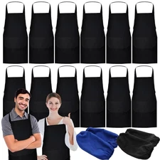 12-Pack Black Bib Aprons with 2 Pockets Unisex Kitchen Cooking Apron Bulk