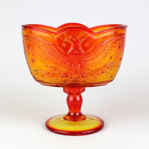 LE Smith Federal Eagle Amberina Oval Compote , Vintage Cadmium Glass 5 1/2"