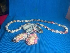 Vintage Cameo Style Necklace Floral Pendant Fabric Beads Handmade Romantic Antiq
