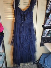 Lulus Blue Tulle Tiered Ruffle Maxi Dress V-Neck Medium 