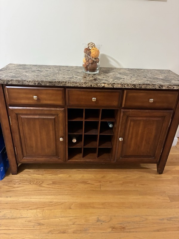 Brown Wood Sideboard w/ Marble Top, 3 Drawers, 2 Raised Panel Doors