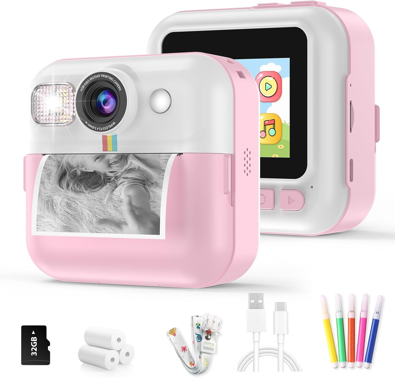 Kids Instant Print Camera, 1080P Kids Digital Camera with 3 Rolls Photo Paper &