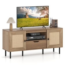 Natural Boho Rattan TV Stand Media Console with Storage Cabinets Drawer