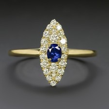 SAPHIR DIAMANT NAVETTE RING VINTAGE STIL COCKTAIL VERLOBUNG MARQUISE GOLD