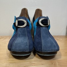 John Fluevog Summer of Love Clog Heels Amor Blue Suede Buckle Shoes 8.5