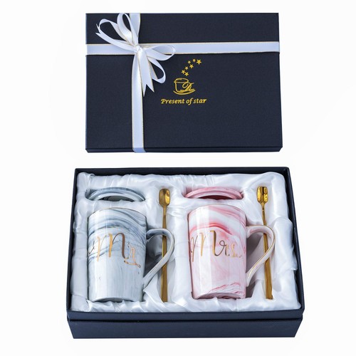 Mr and Mrs Coffee Mugs Wedding Gifts for Bride Groom Ceramic Marble 14 Oz