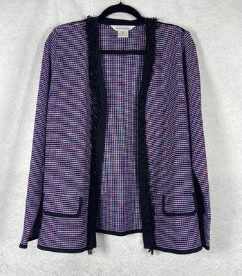 Exclusively Misook Knit Cardigan Women s Small Purple Black Open Ruffles NWOT