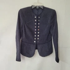 Worth New York Jacket Womens 4 Military Tapestry Fringe Snap Front Lined Black