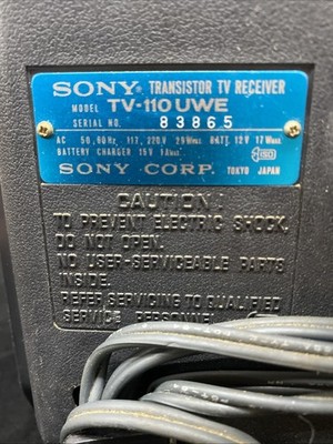 SONY Solid State TV-110 Television B&W 1970's Japan Portable TV TV
