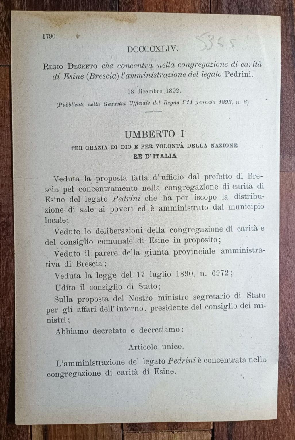ESINE 1892 REGIO DECRETO X CONGREGAZIONE DI CARITA'-5365